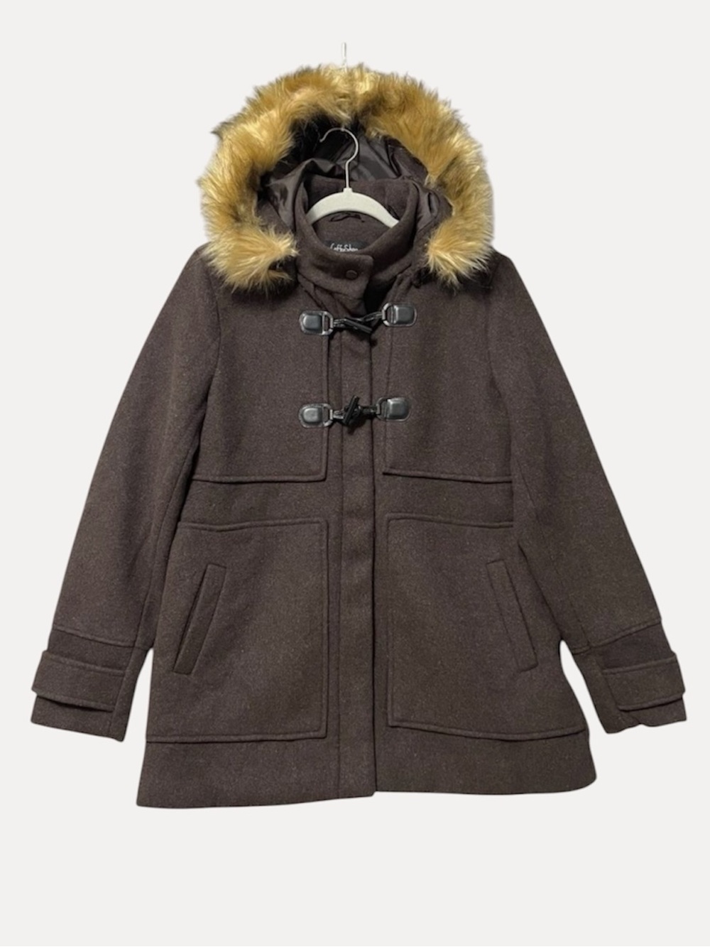 CoffeeShop Brown Pea Coat NWT Size Large Fur Trim Hood Toggle Closure